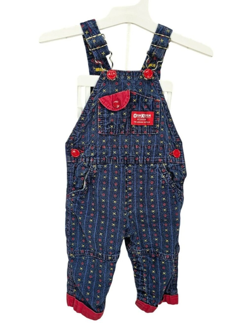 OshKosh Bgosh Infant Girls XO Tic Tack Toe Denim Overalls 6/9M Red USA Made